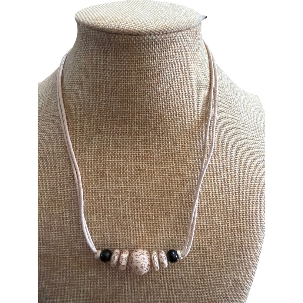Handmade Paw Print Bead Cord Necklace Cream Brown Animal Theme Toggle